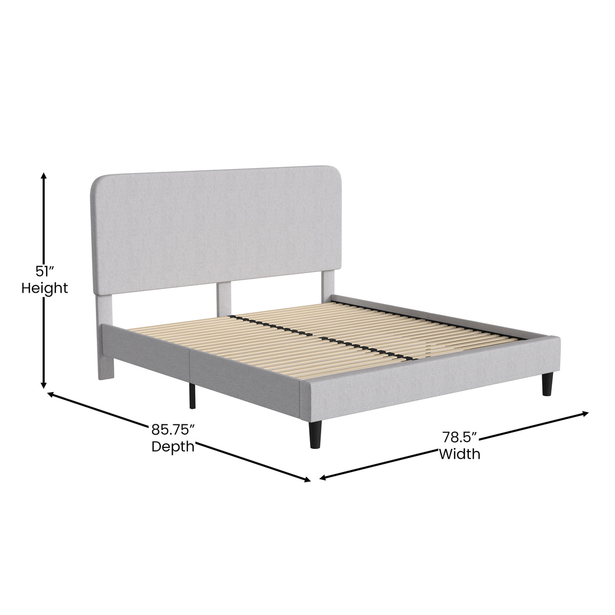 Light Grey,King |#| Platform Bed with Headboard-Lt Grey Fabric Upholstery-King-No Foundation Needed