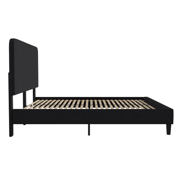 Charcoal,King |#| Platform Bed with Headboard-Black Fabric Upholstery-King-No Foundation Needed