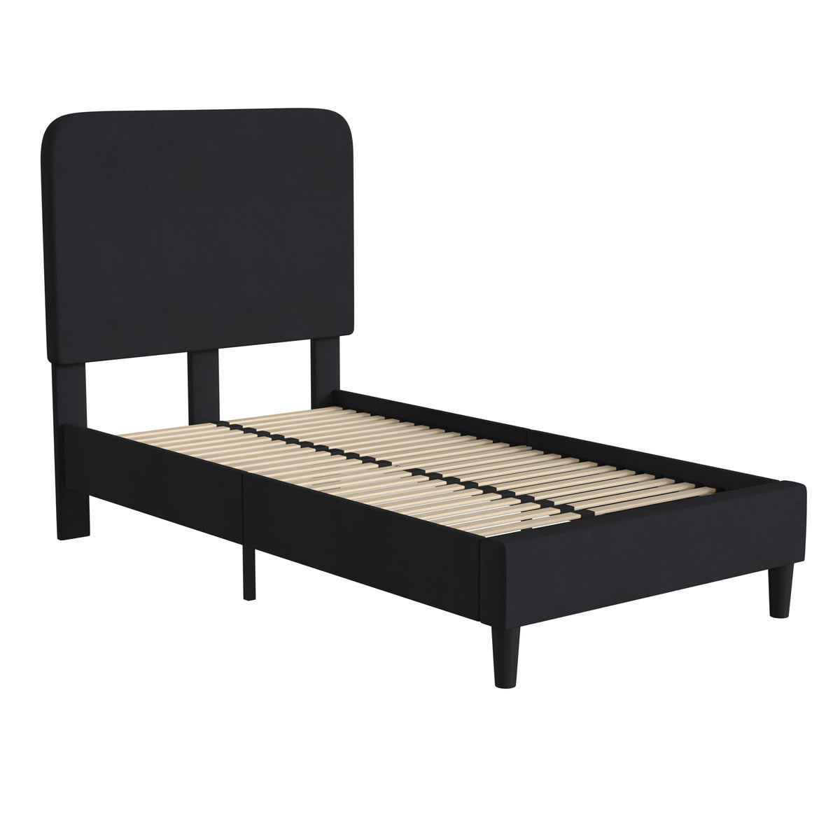 Charcoal,Twin |#| Platform Bed with Headboard-Black Fabric Upholstery-Twin-No Foundation Needed