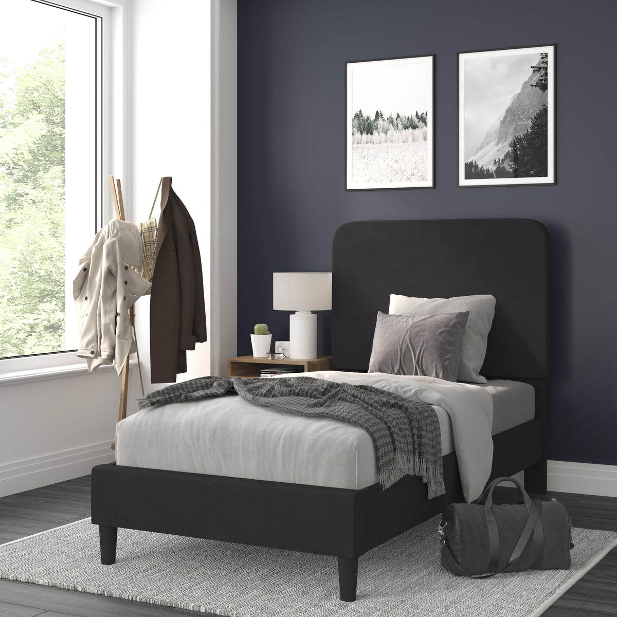 Charcoal,Twin |#| Platform Bed with Headboard-Black Fabric Upholstery-Twin-No Foundation Needed