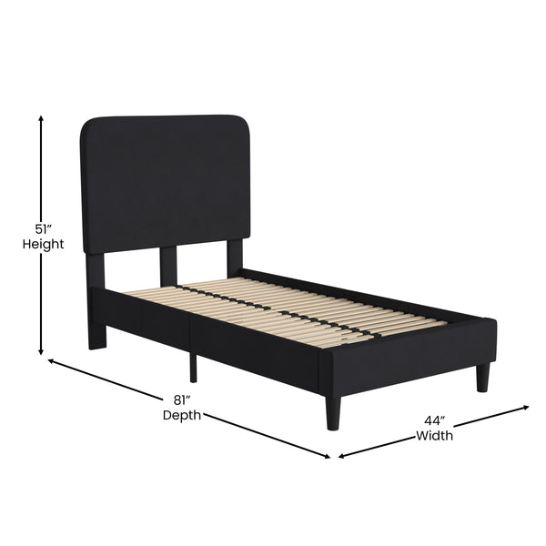 Charcoal,Twin |#| Platform Bed with Headboard-Black Fabric Upholstery-Twin-No Foundation Needed