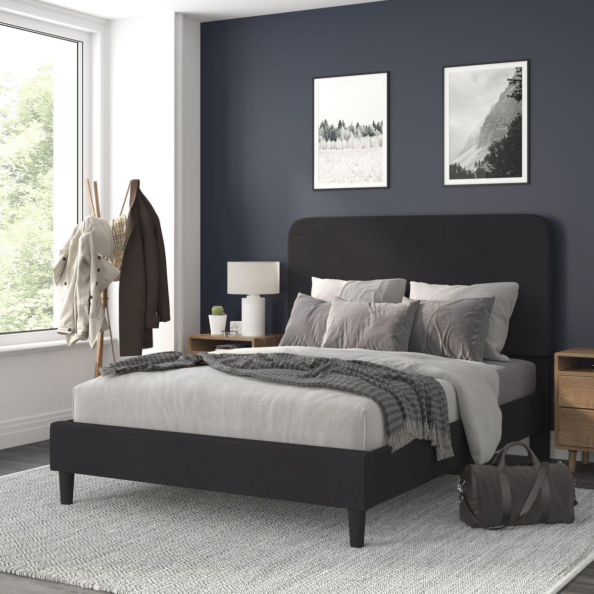 Charcoal,Queen |#| Platform Bed with Headboard-Black Fabric Upholstery-Queen-No Foundation Needed