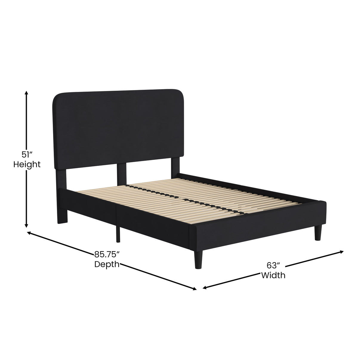 Charcoal,Queen |#| Platform Bed with Headboard-Black Fabric Upholstery-Queen-No Foundation Needed