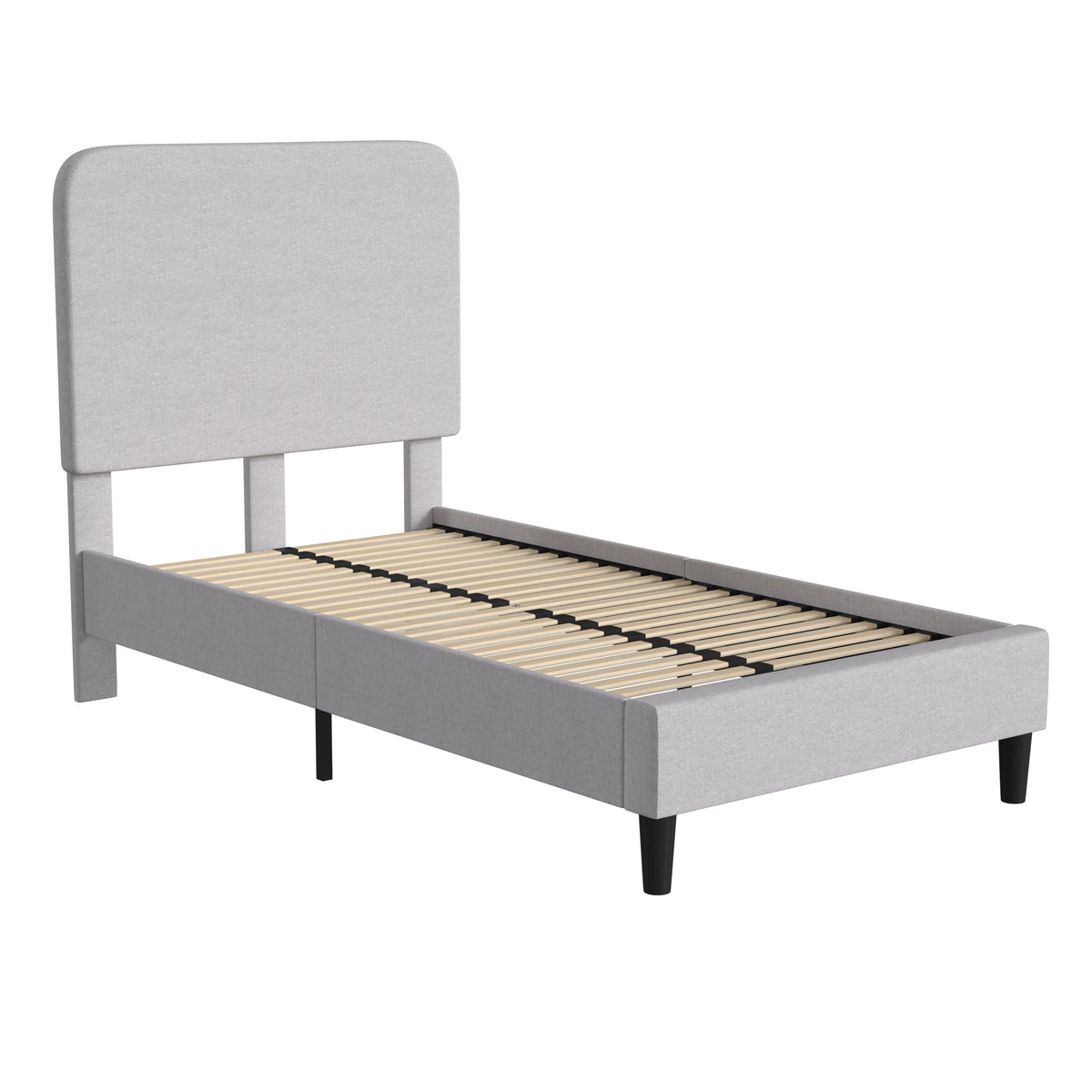 Light Grey,Twin |#| Platform Bed with Headboard-Lt Grey Fabric Upholstery-Twin-No Foundation Needed