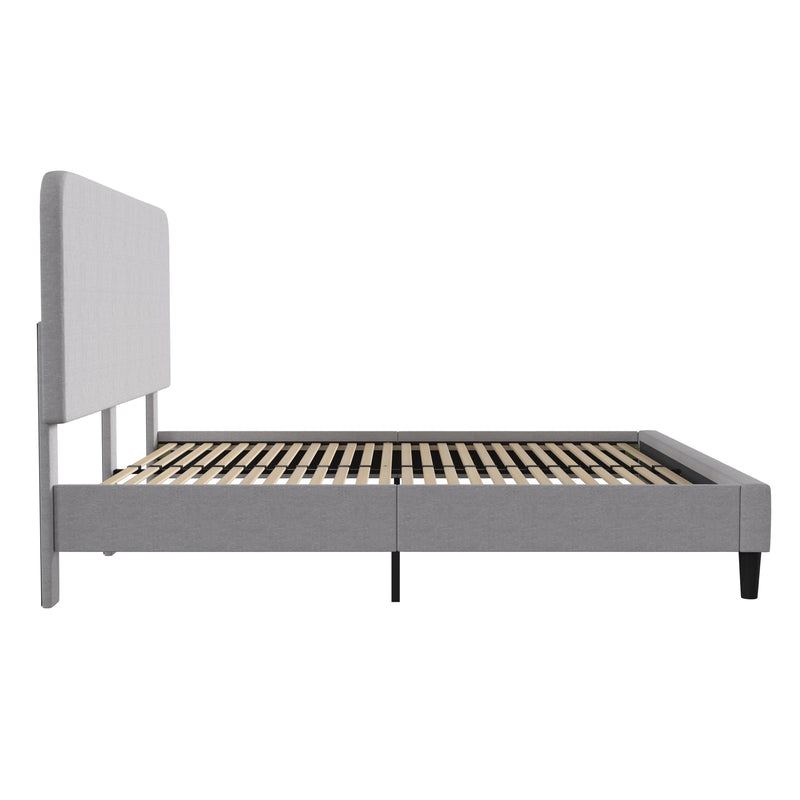 Light Grey,King |#| Platform Bed with Headboard-Lt Grey Fabric Upholstery-King-No Foundation Needed