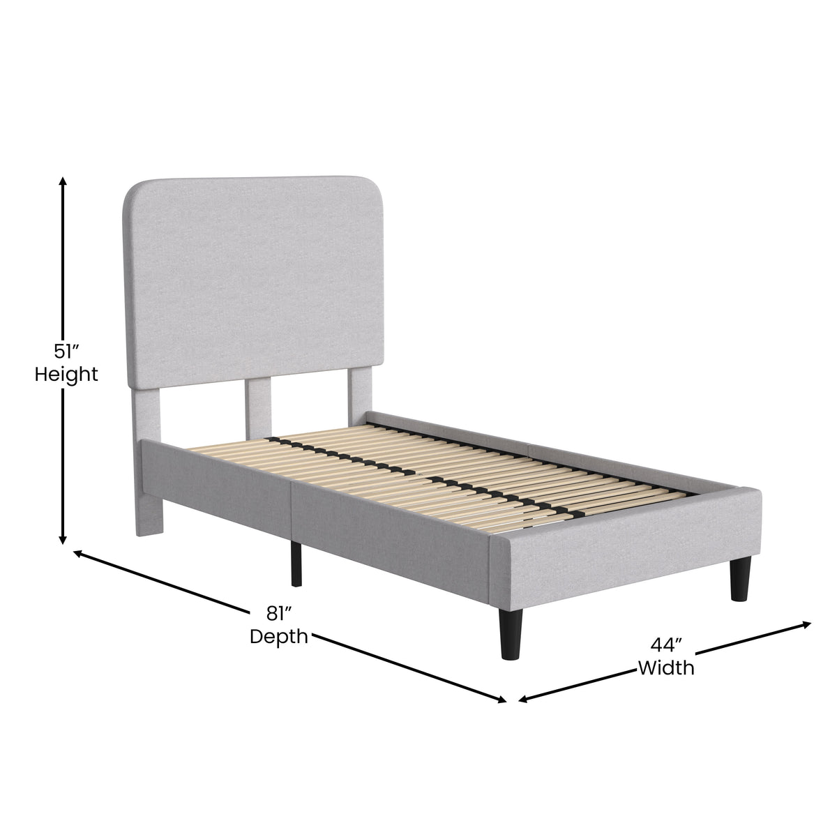 Light Grey,Twin |#| Platform Bed with Headboard-Lt Grey Fabric Upholstery-Twin-No Foundation Needed