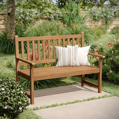Adele Commercial Grade Indoor/Outdoor Patio Acacia Wood Bench, 2-Person Slatted Seat Loveseat for Park, Garden, Yard, Porch