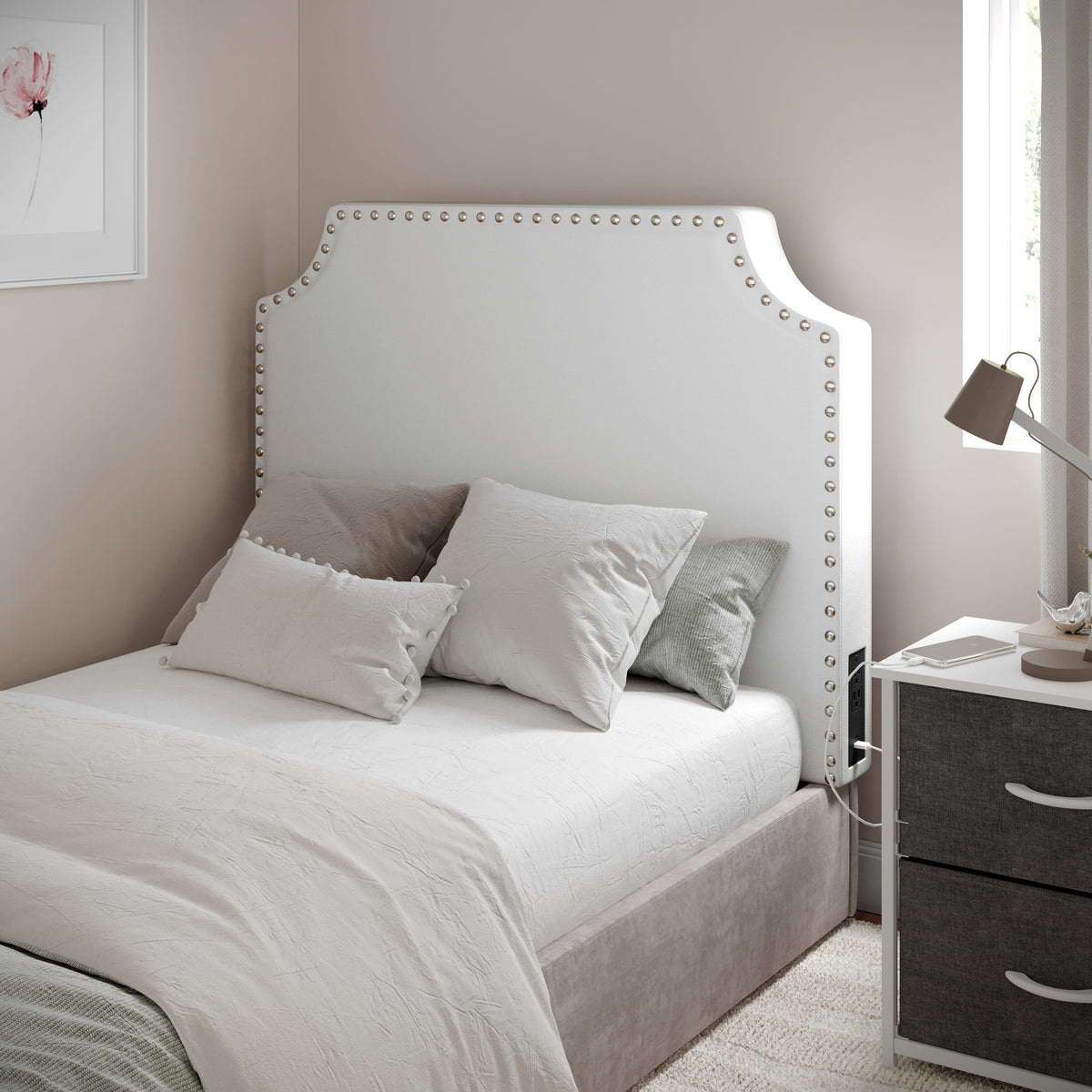 White LeatherSoft |#| Contoured Twin Headboard with 2 Power Outlets, 1 USB and 1 USB-C Port in White