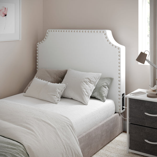 White LeatherSoft |#| Contoured Twin Headboard with 2 Power Outlets, 1 USB and 1 USB-C Port in White