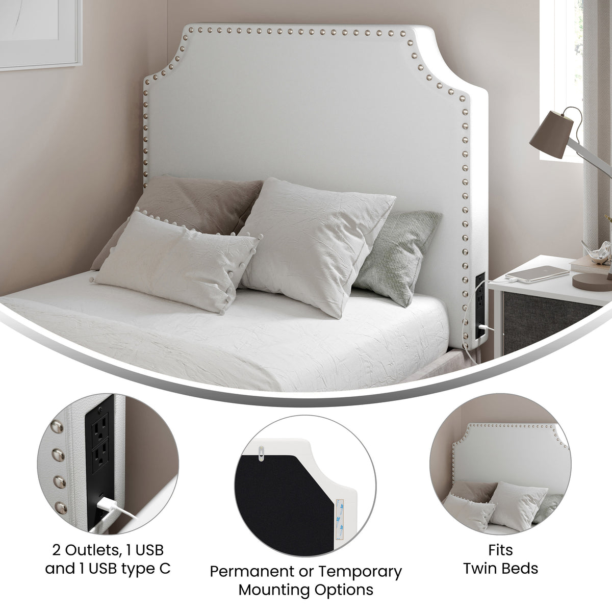 White LeatherSoft |#| Contoured Twin Headboard with 2 Power Outlets, 1 USB and 1 USB-C Port in White