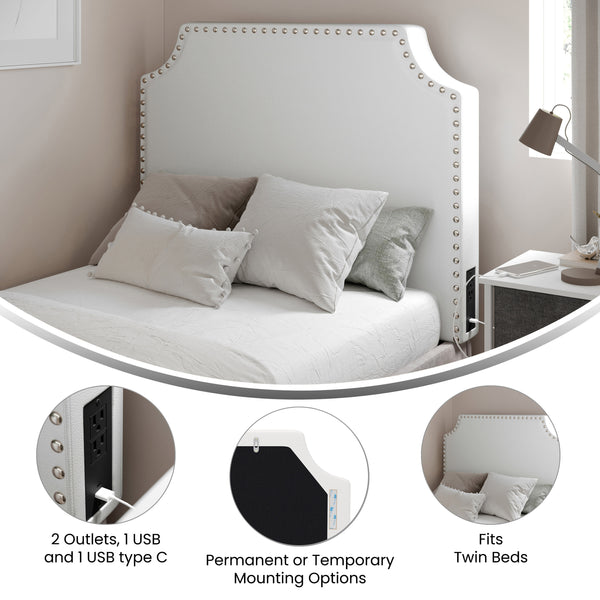 White LeatherSoft |#| Contoured Twin Headboard with 2 Power Outlets, 1 USB and 1 USB-C Port in White