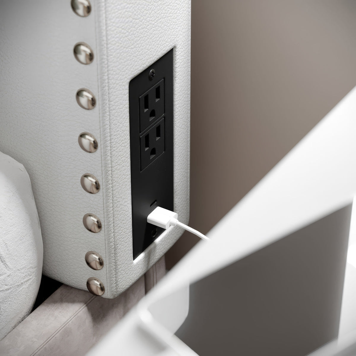 White LeatherSoft |#| Contoured Twin Headboard with 2 Power Outlets, 1 USB and 1 USB-C Port in White