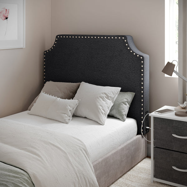 Gray Linen |#| Contoured Twin Headboard with 2 Power Outlets, 1 USB and 1 USB-C Port in Gray
