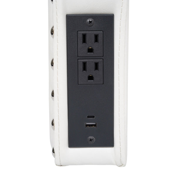 White LeatherSoft |#| Contoured Twin Headboard with 2 Power Outlets, 1 USB and 1 USB-C Port in White