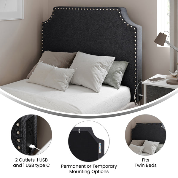 Gray Linen |#| Contoured Twin Headboard with 2 Power Outlets, 1 USB and 1 USB-C Port in Gray
