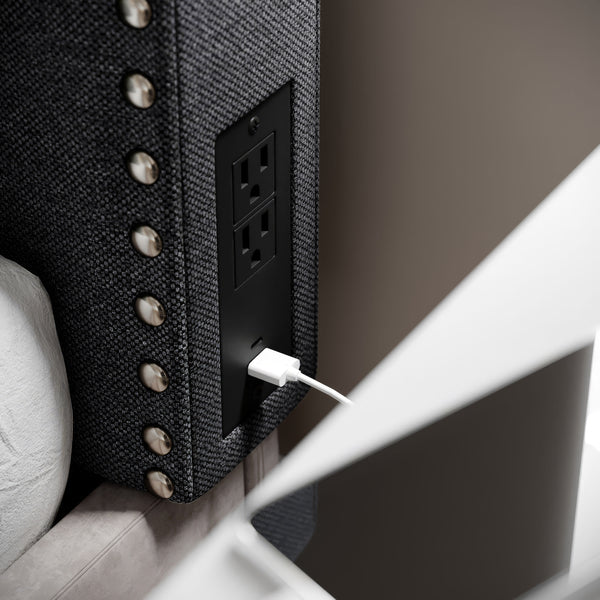 Gray Linen |#| Contoured Twin Headboard with 2 Power Outlets, 1 USB and 1 USB-C Port in Gray