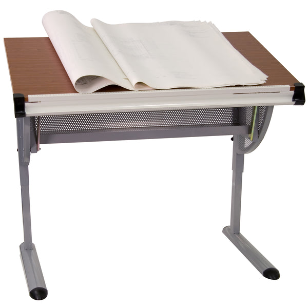 Adjustable Drawing and Drafting Table with Pewter Frame and Lower Supply Tray