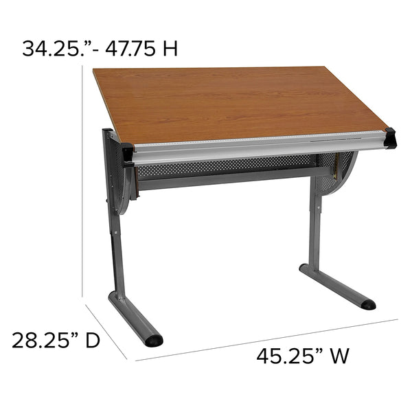 Adjustable Drawing and Drafting Table with Pewter Frame and Lower Supply Tray