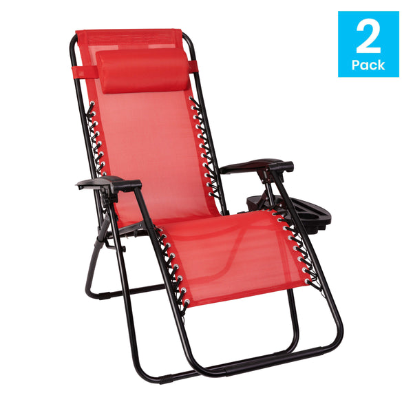 Red |#| 2 Pack Adjustable Mesh Zero Gravity Lounge Chair with Cup Holder Tray - Red