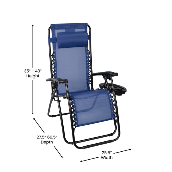 Navy |#| 2 Pack Adjustable Mesh Zero Gravity Lounge Chair with Cup Holder Tray - Navy
