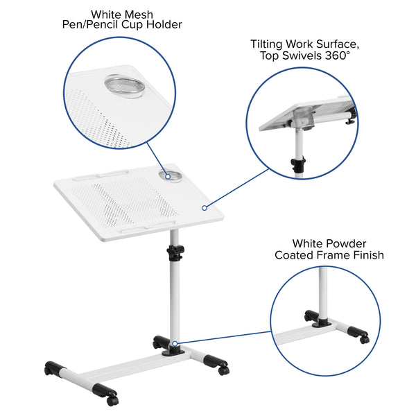 White |#| White Adjustable Height Steel Mobile Tilt Top Computer Desk w/ Top & Bottom Lip