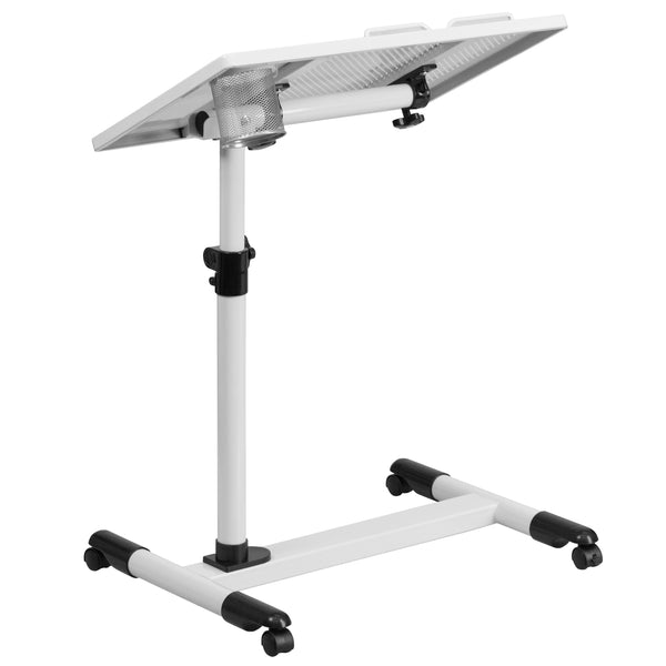White |#| White Adjustable Height Steel Mobile Tilt Top Computer Desk w/ Top & Bottom Lip