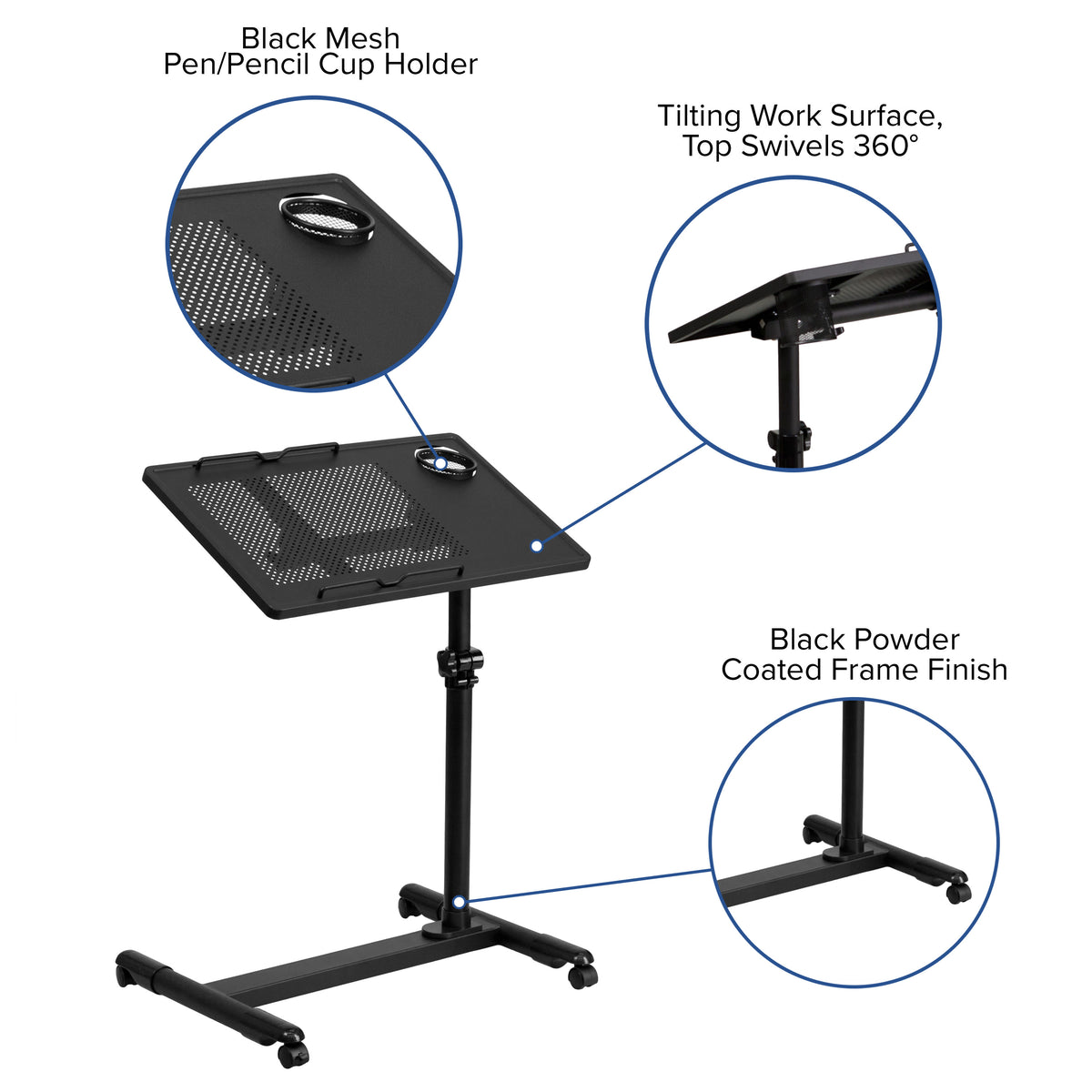 Black |#| Black Adjustable Height Steel Mobile Tilt Top Computer Desk w/ Top & Bottom Lip