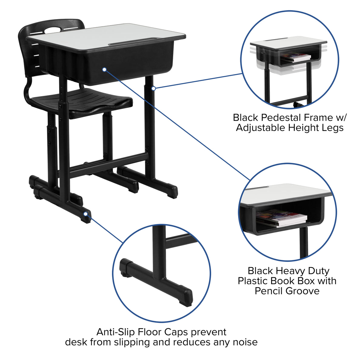 Adjustable Height Student Desk and Chair with Black Pedestal Frame