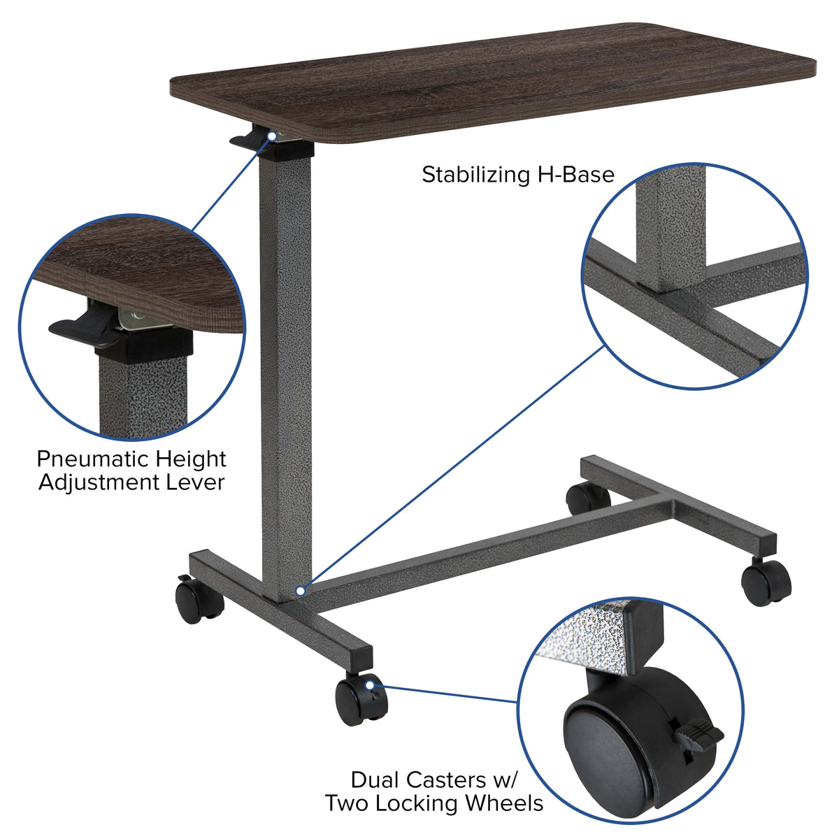 Adjustable Overbed Table with Wheels for Home and Hospital-Rolling Bedside Table