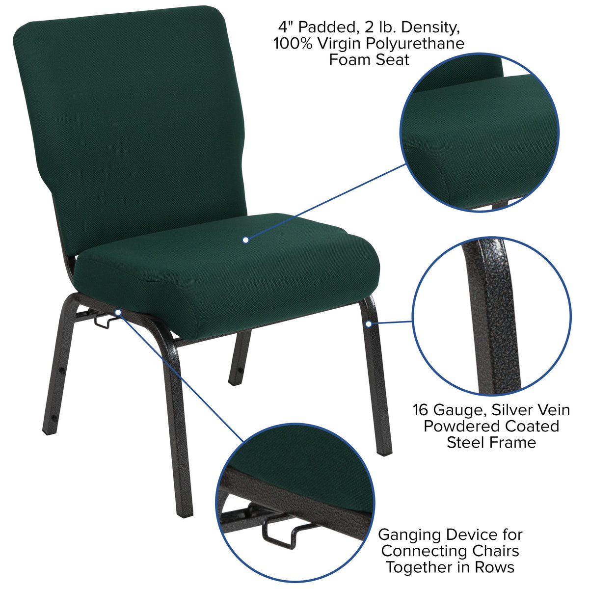 Hunter Green Fabric/Silver Vein Frame |#| 20.5inch Hunter Molded Foam Stacking Church Chair