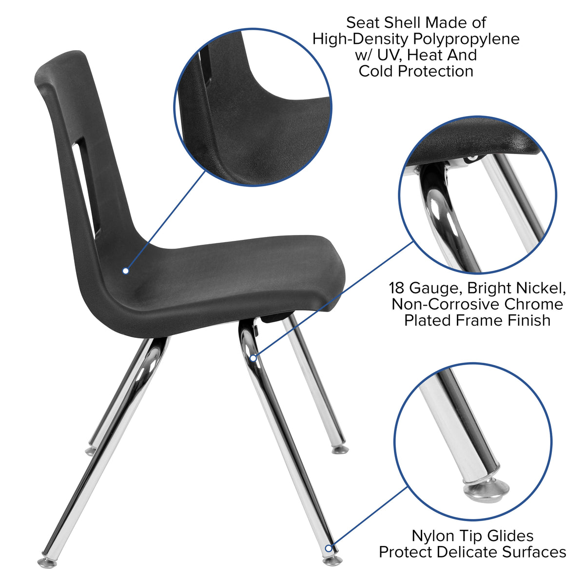 Black |#| Black Student Stack Chair 16inchH Seat - School Classroom Chair for 3rd-7th Grade