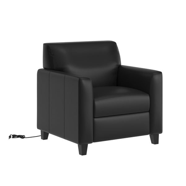 Black/Wood Legs |#| Commercial LeatherSoft Reception Chair with AC/USB/USB-C Charging Ports in Black