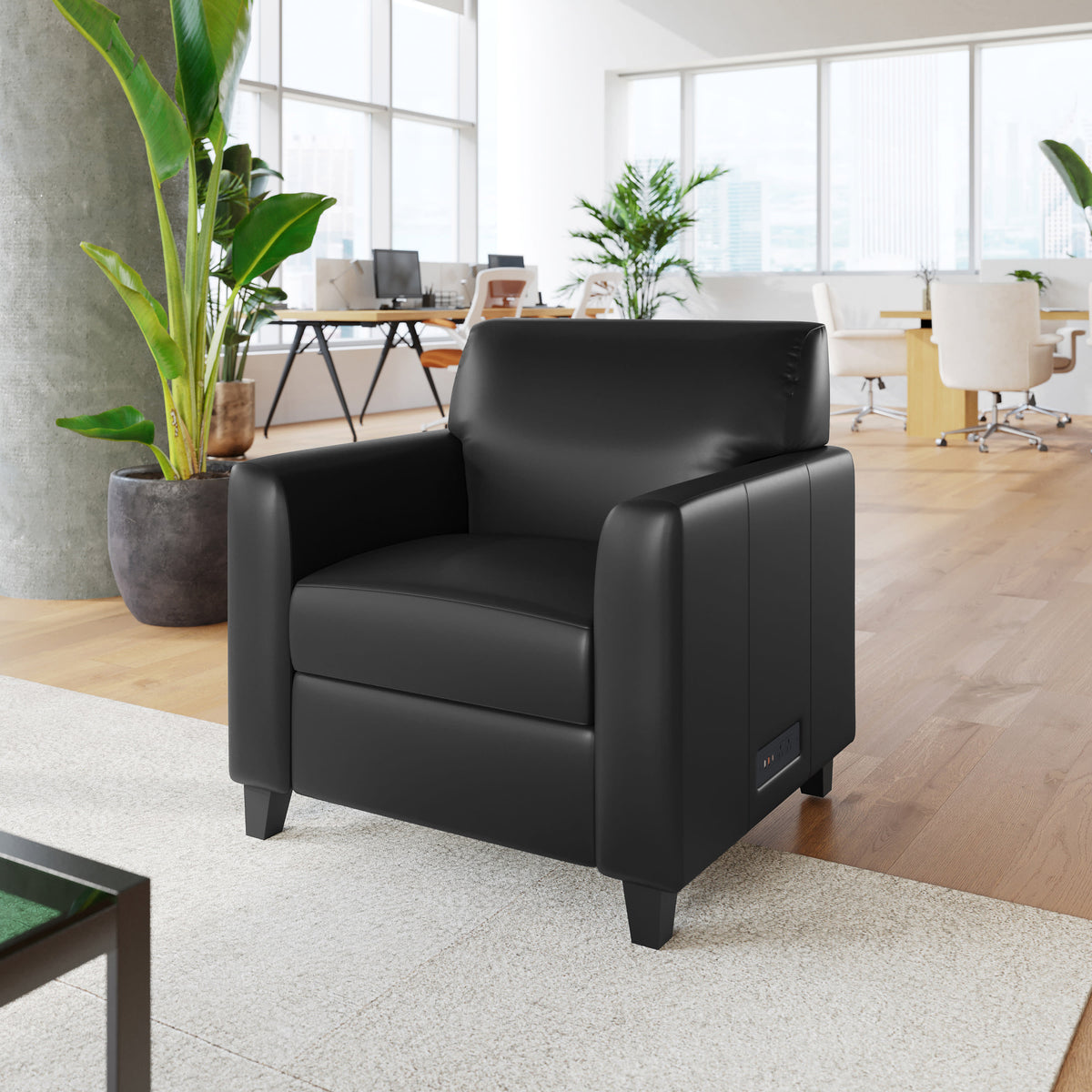 Black/Wood Legs |#| Commercial LeatherSoft Reception Chair with AC/USB/USB-C Charging Ports in Black