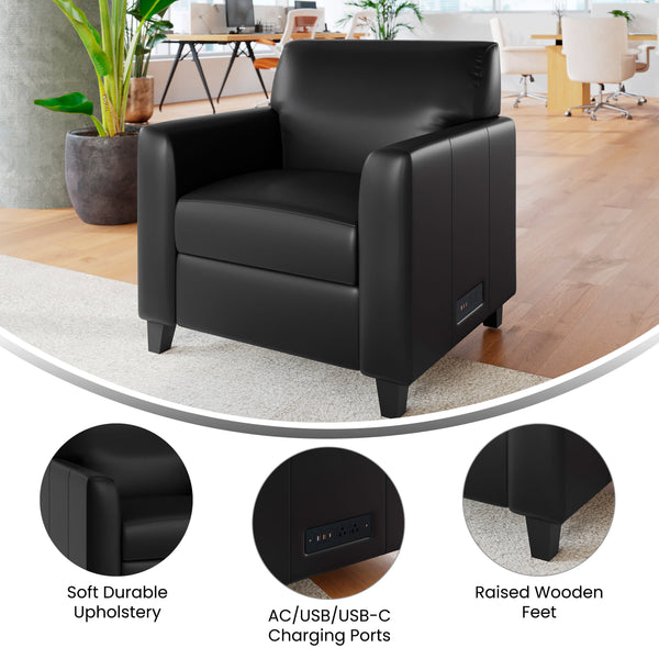 Black/Wood Legs |#| Commercial LeatherSoft Reception Chair with AC/USB/USB-C Charging Ports in Black