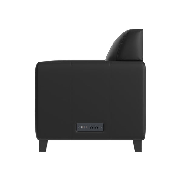 Black/Wood Legs |#| Commercial LeatherSoft Reception Chair with AC/USB/USB-C Charging Ports in Black