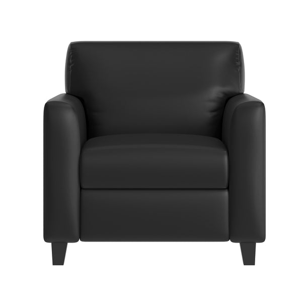 Black/Wood Legs |#| Commercial LeatherSoft Reception Chair with AC/USB/USB-C Charging Ports in Black
