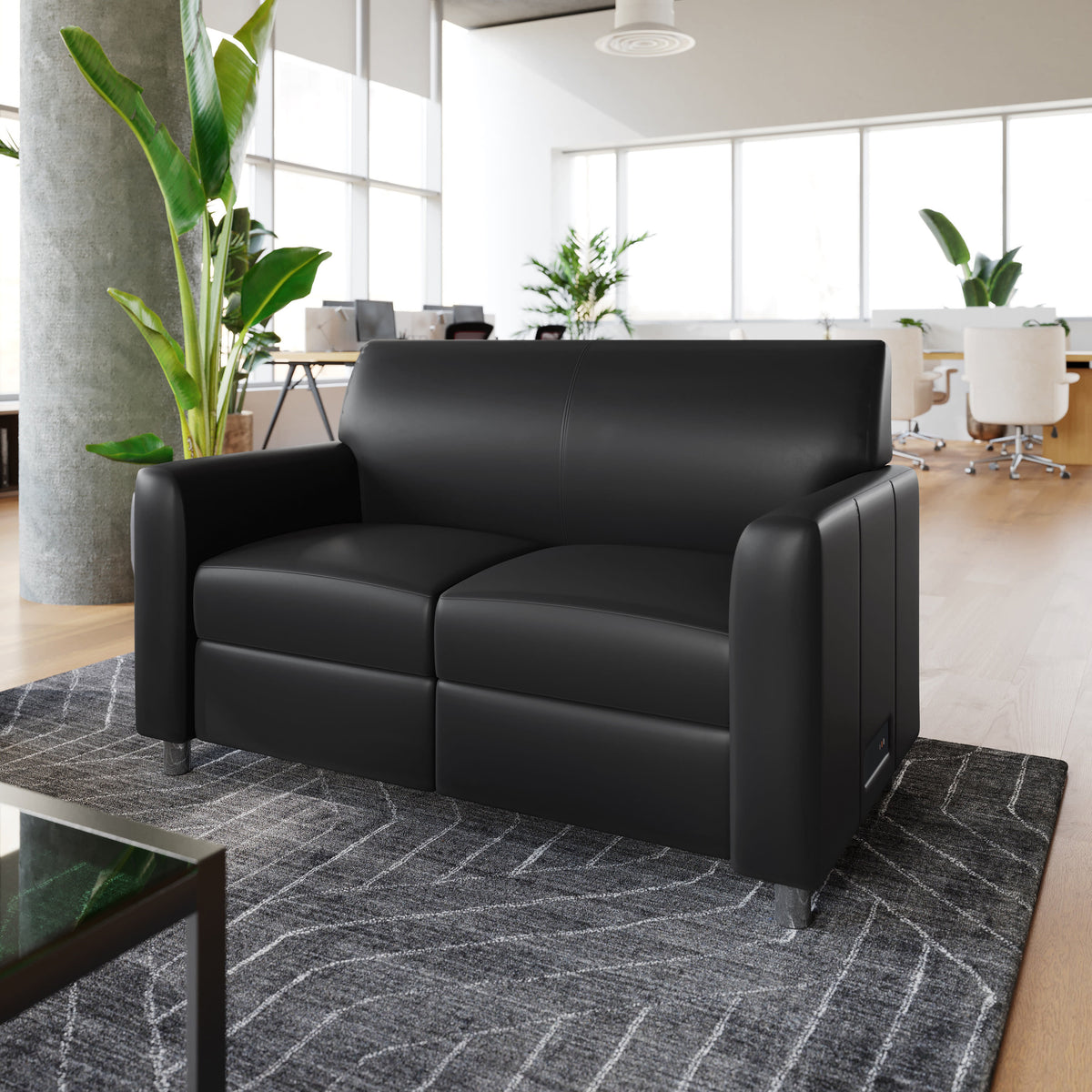 Black/Chrome Legs |#| LeatherSoft Reception Loveseat - Chrome Legs-AC/USB/USB-C Charging Ports-Black