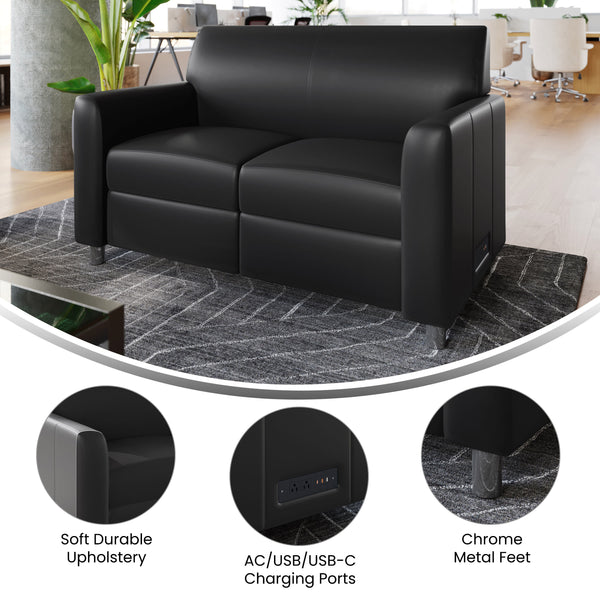 Black/Chrome Legs |#| LeatherSoft Reception Loveseat - Chrome Legs-AC/USB/USB-C Charging Ports-Black
