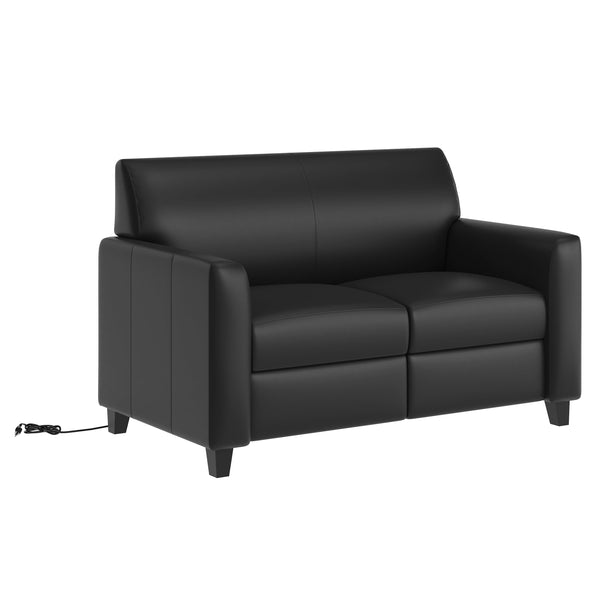 Black/Wood Legs |#| Black LeatherSoft Loveseat w/ Clean Line Stitched Frame - Reception Seating