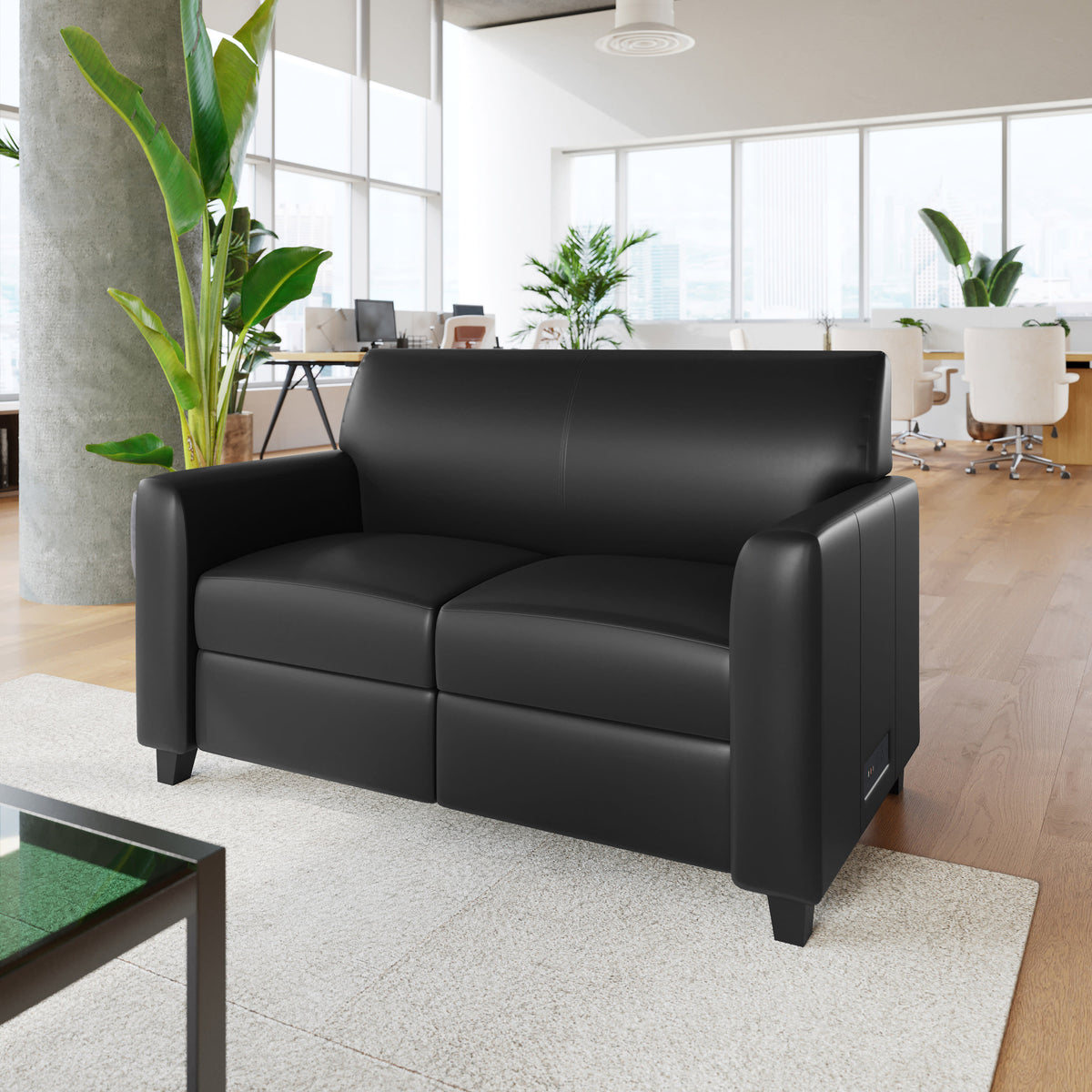 Black/Wood Legs |#| Black LeatherSoft Loveseat w/ Clean Line Stitched Frame - Reception Seating