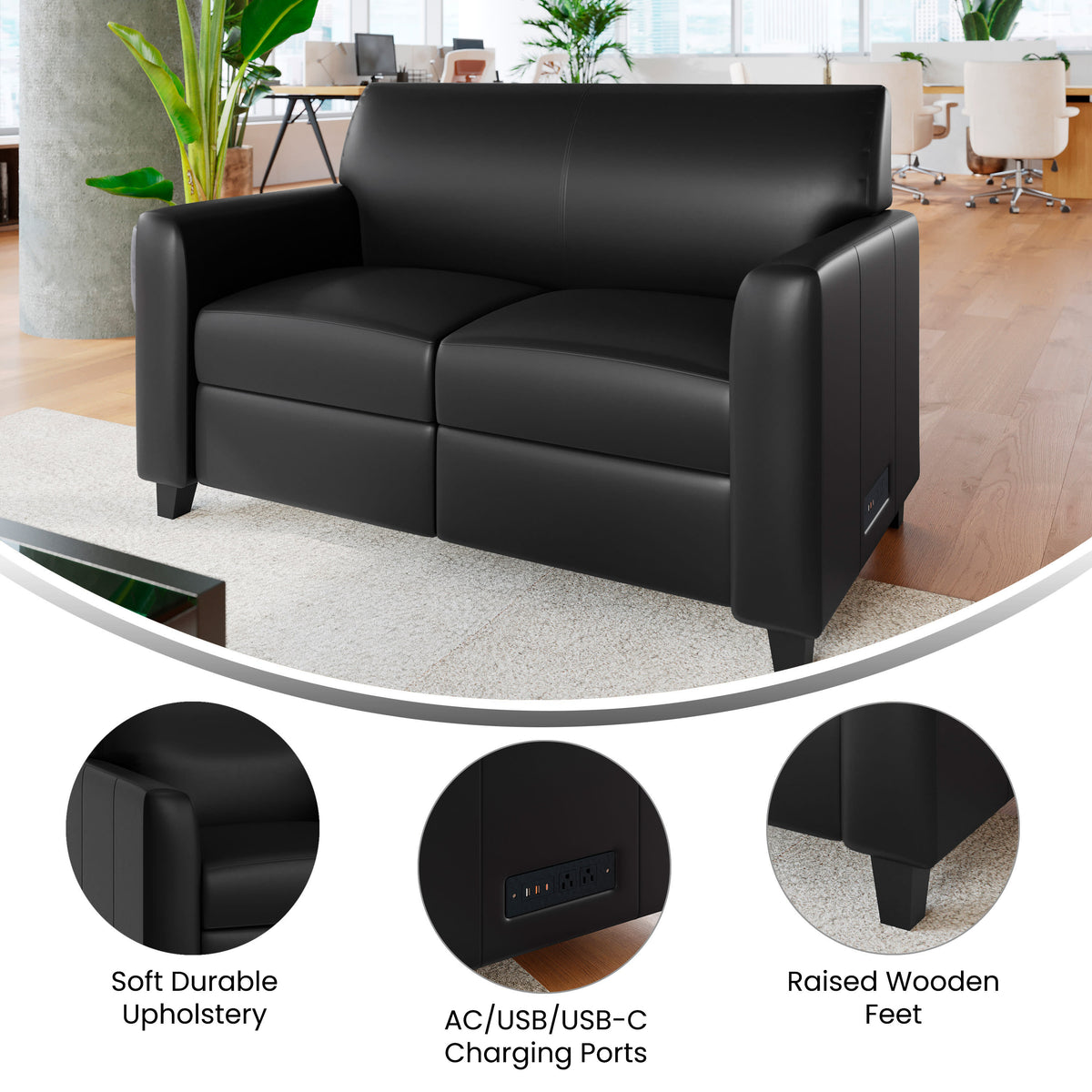 Black/Wood Legs |#| Black LeatherSoft Loveseat w/ Clean Line Stitched Frame - Reception Seating