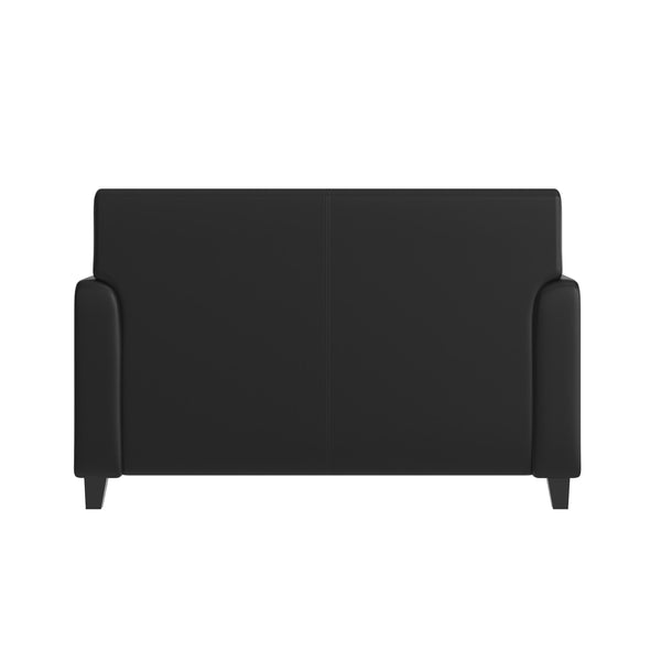 Black/Wood Legs |#| Black LeatherSoft Loveseat w/ Clean Line Stitched Frame - Reception Seating
