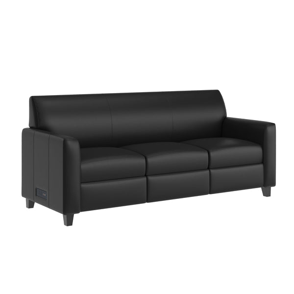 Black/Wood Legs |#| Black LeatherSoft Sofa with Clean Line Stitched Frame - Reception Seating