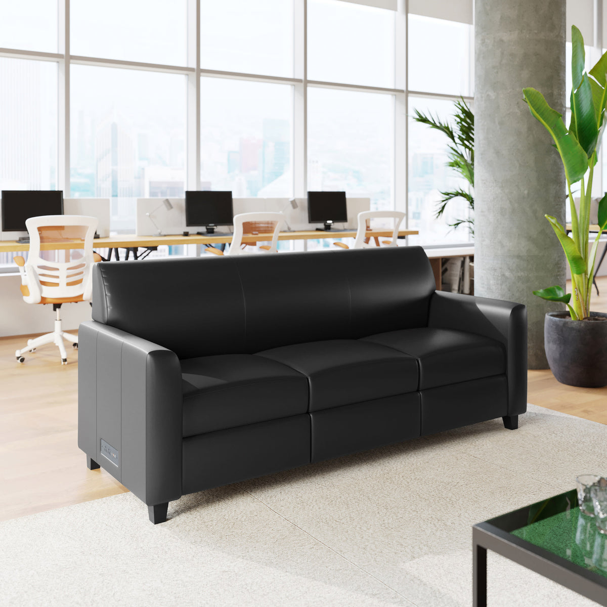 Black/Wood Legs |#| Black LeatherSoft Sofa with Clean Line Stitched Frame - Reception Seating