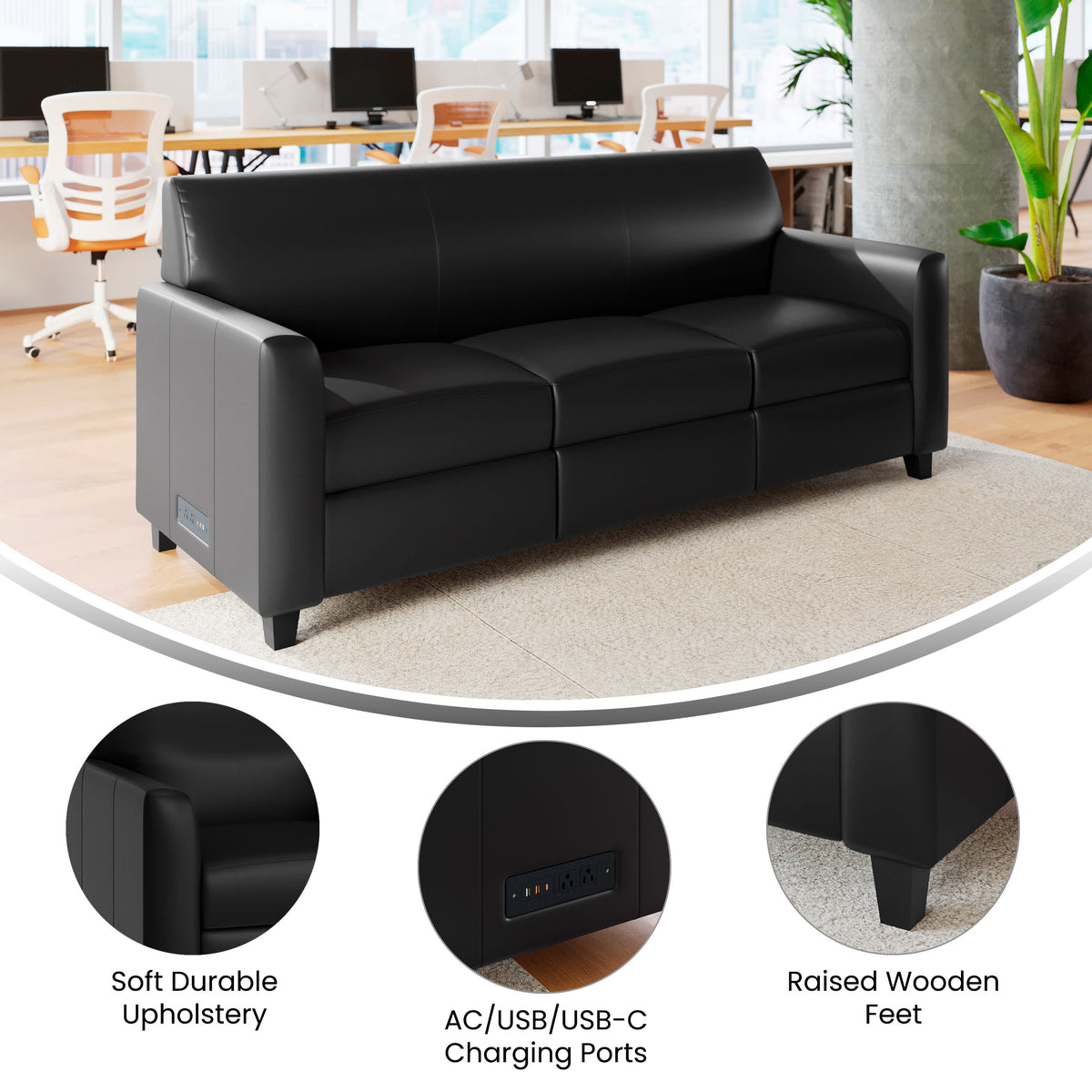 Black/Wood Legs |#| Black LeatherSoft Sofa with Clean Line Stitched Frame - Reception Seating