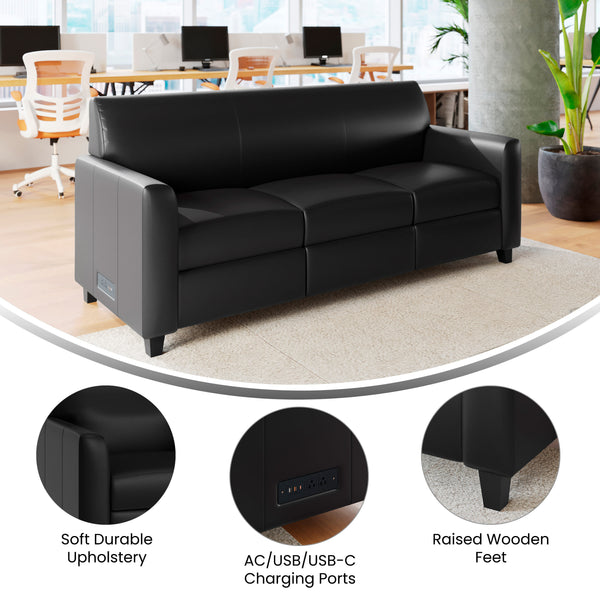 Black/Wood Legs |#| Black LeatherSoft Sofa with Clean Line Stitched Frame - Reception Seating