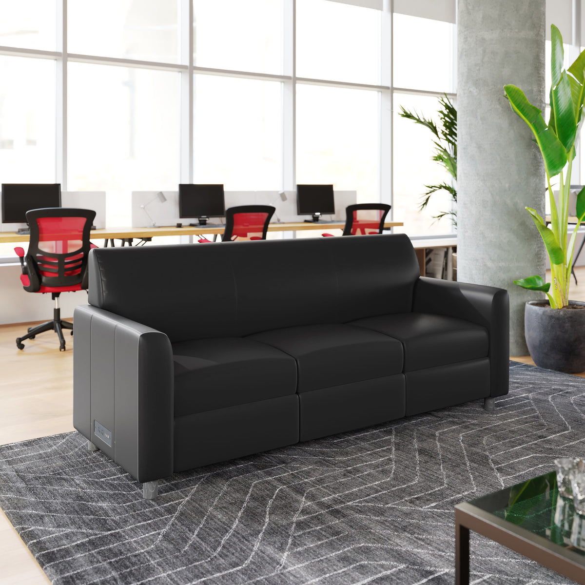 Black/Chrome Legs |#| LeatherSoft Reception Sofa with Chrome Legs-AC/USB/USB-C Charging Ports-Black