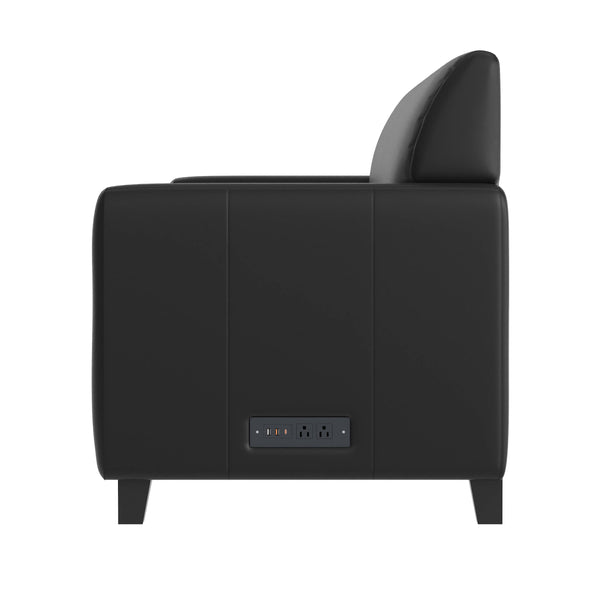 Black/Wood Legs |#| Black LeatherSoft Sofa with Clean Line Stitched Frame - Reception Seating