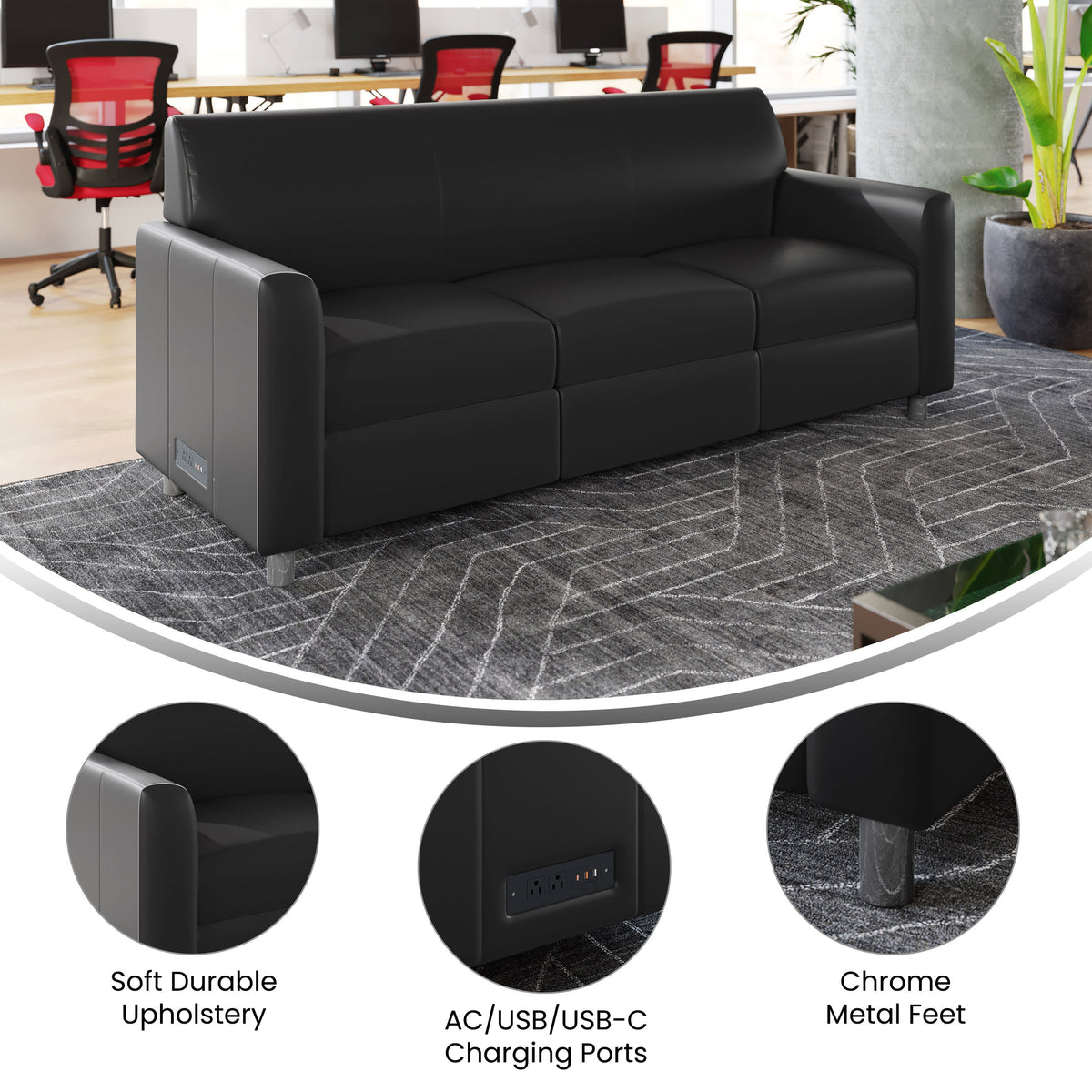 Black/Chrome Legs |#| LeatherSoft Reception Sofa with Chrome Legs-AC/USB/USB-C Charging Ports-Black