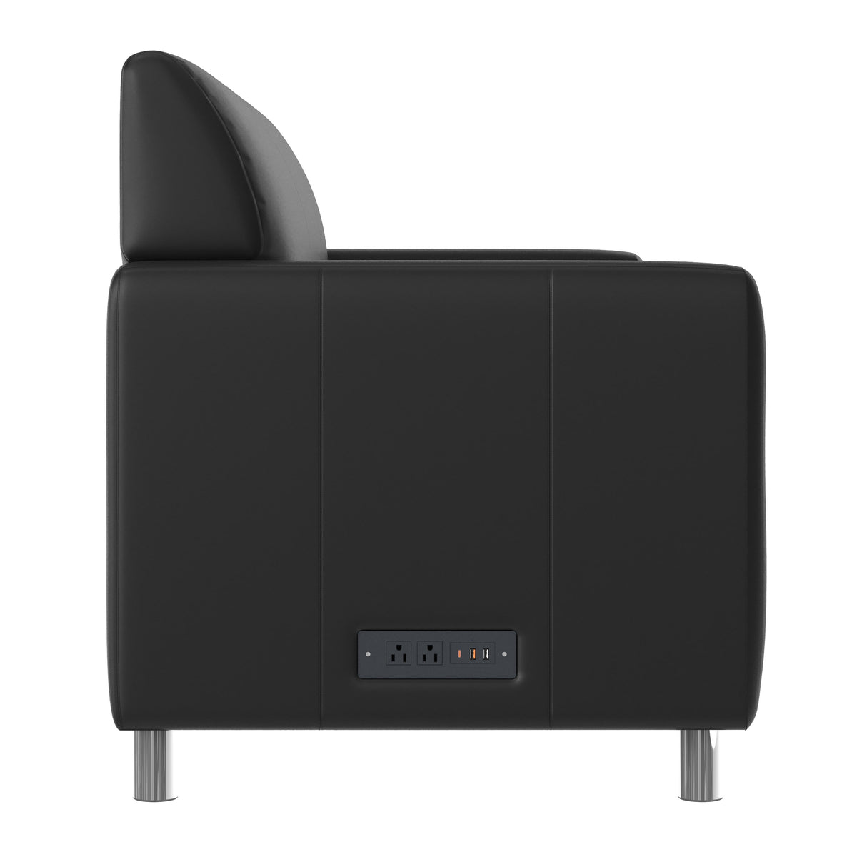 Black/Chrome Legs |#| LeatherSoft Reception Sofa with Chrome Legs-AC/USB/USB-C Charging Ports-Black